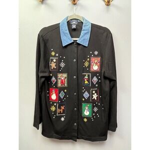 MOVING BLEU Sweater Womens Medium‎ winter button front embroidered
